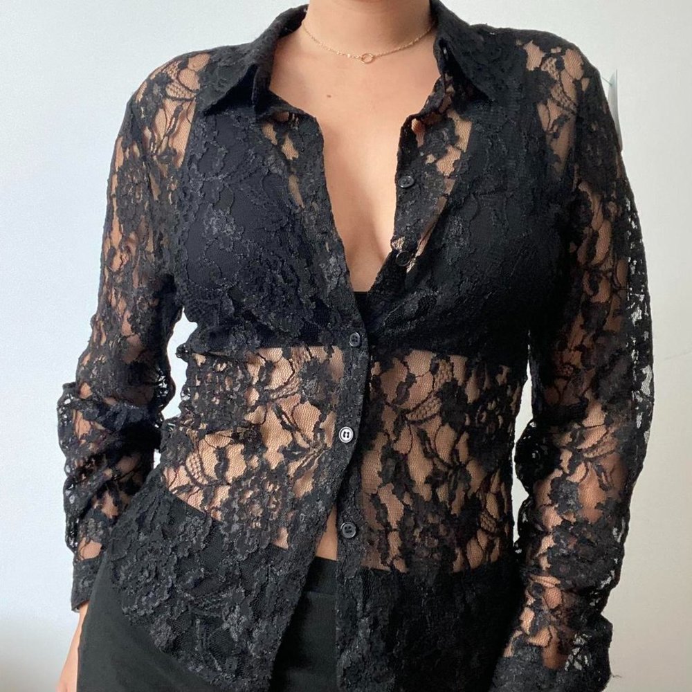 Black lace button up collared shirt
